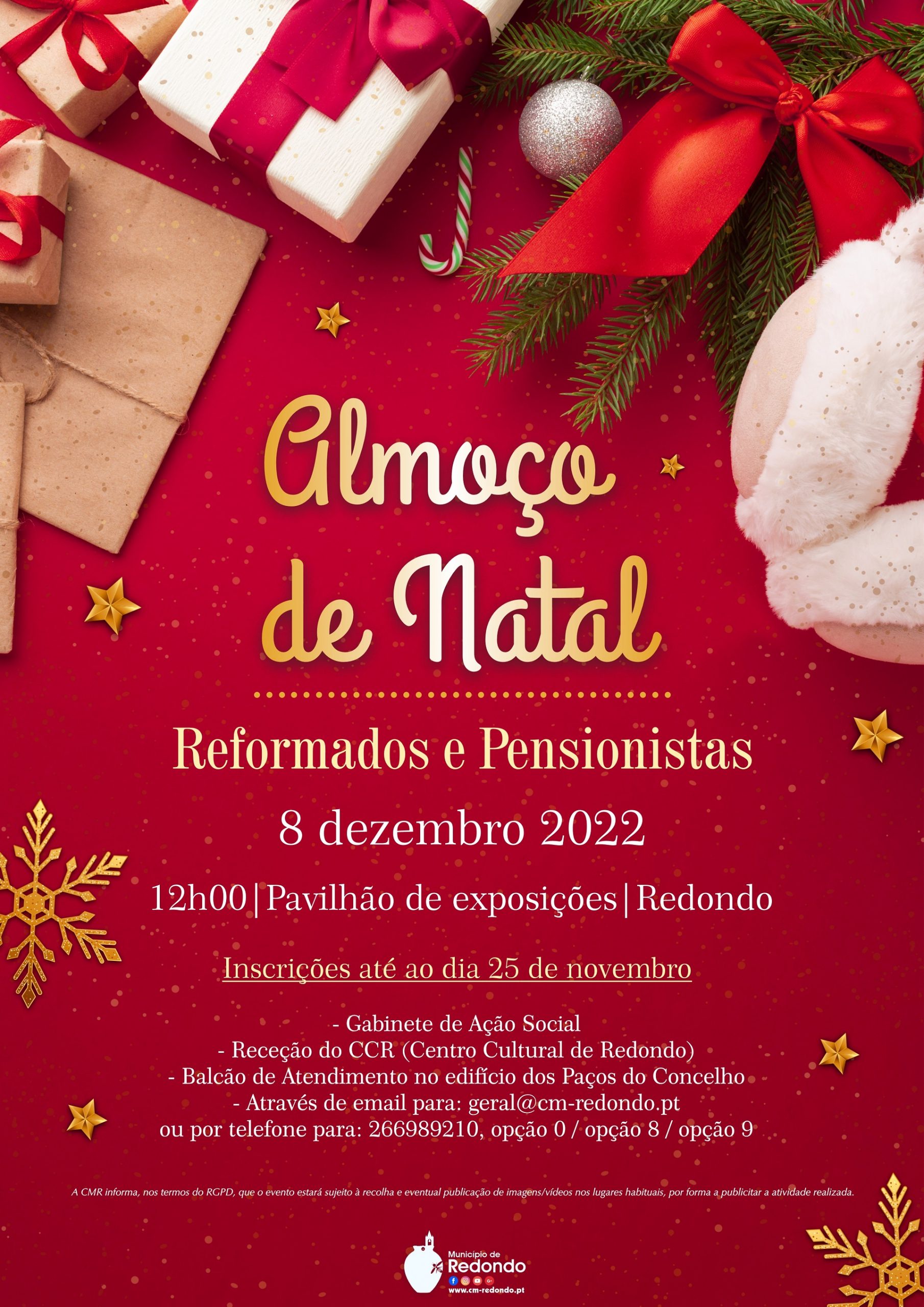 Almoço de Natal dos Reformados e Pensionistas | 8 de dezembro | 12h00 | Pavilhão de Exposições de Redondo