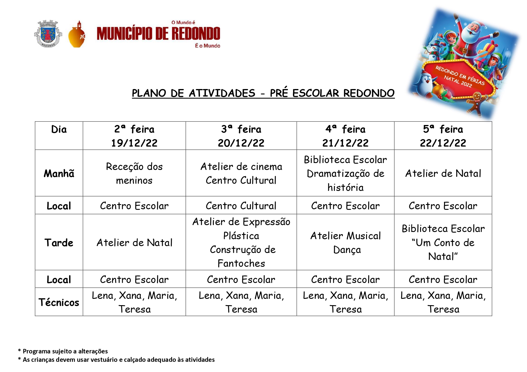Plano de Atividades Natal - Pré-Escolar de Redondo - Portal Institucional  do Município de Redondo